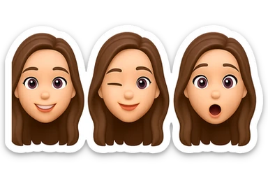 Convert the girl in the image into a set of 3D emoji style emoticons with transparent background, focusing only on the face and simple expressions. Microsoft style 3D fluent emojis do not support text, so keep the expressions concise and clear. sticker