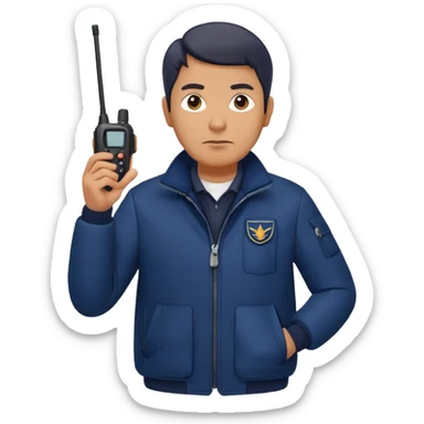 Security, Middle-aged, wearing navy blue jacket, serious facial expression, holding walkie-talkie, full body sticker
