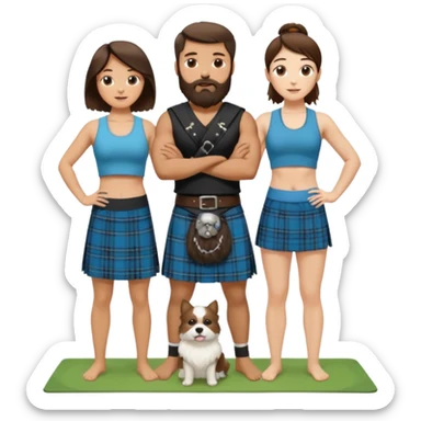 emoji of brunette man with beard wearing kilt, brunette woman in yoga outfit and one white fluffy dog sticker