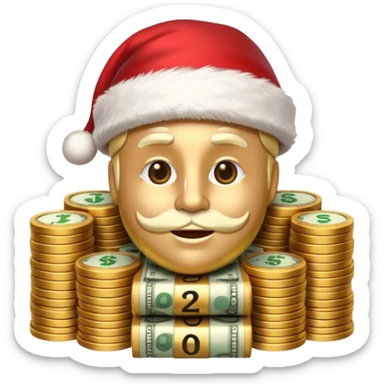 A confident rich emoji face wearing a Santa hat, money stacks, casino vibe, New Year theme, premium 3D emoji style, sharp details, no text, isolated on transparent background sticker