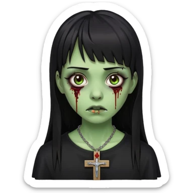 Zumbi verde com olhos castanhos aspecto de que tá sangrando, uma franja reta com cabelo preto um piercing do lado esquerdo do nariz, roupa preta e crucifixo como colar, e também delineador sticker