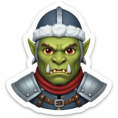 Fantasy Christmas orc legion soldier icon, iron tundra army theme, heavy winter armor, disciplined brutal look, cold steel color palette, emoji portrait, male/female variant
 sticker
