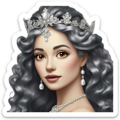 Regal pretty woman photograph defined cheekbones high cheekbones crown vintage with very long iridescent black and silver hair wavy long hair pearl crown iridescent sticker