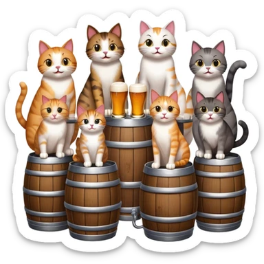 seven distinct cats standing around a beer keg, each cat drinking, all with goofy playful expressions sticker