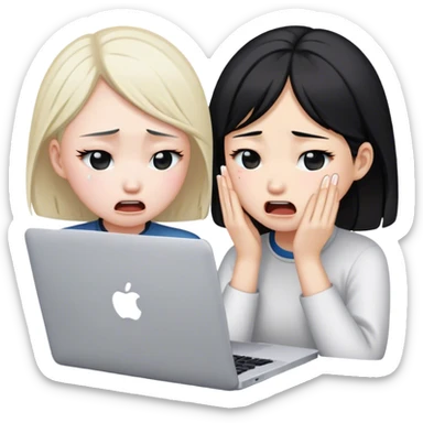 two asian girls crying in front of macbook sticker