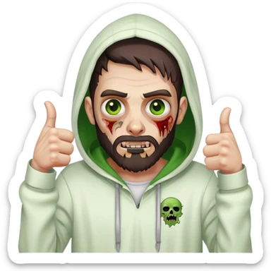 zombie with thumbs up gesture, undercut hairstyle with dark brown hair, short full beard, heterochromia with one green eye and one brown eye, wearing plain white hoodie with hood up sticker