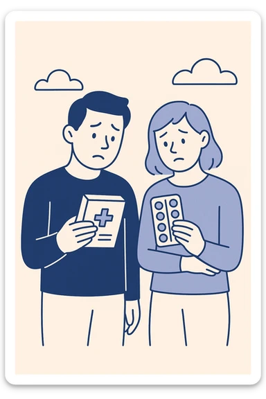 two people, worried expressions, holding or looking at two different medicine packages, flat illustration style sticker