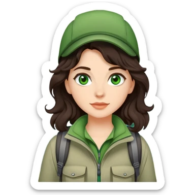 Beautiful girl with dark brown wavy hair and green eyes going on a hike sticker
