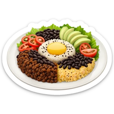 Food plate with rice, black bean, minced meat and salad sticker