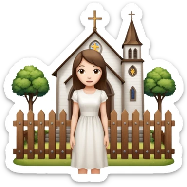 woman next to a church, surrounded by a fence sticker