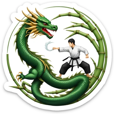 An icon symbolizing Eastern martial arts in the style of an emblem, featuring a black-and-white Yin-Yang symbol at the center and a powerful dragon wrapping around it. A martial artist is performing a fluid kick, surrounded by elements like a dojo and bamboo. Transparent background sticker