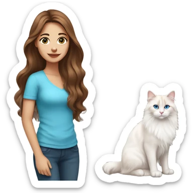 woman with long brown hair and pink shirt and holding a all white Siberian cat with blue eyes sticker