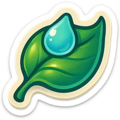 leaf with a drop of water, symbol of harmony and restoration, retro sticker style, clear contours, shadows and highlights, psychosomatic theme sticker