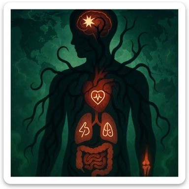 semi-realistic, medical-fantasy style human silhouette, parasite tendrils reach organs, each organ with a medical symbol (brain: pain, heart: arrhythmia, lungs: asthma, gut: colitis, joints: arthritis), world map, glowing cracks, green mist sticker