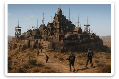 A small hilltop mesa city in the videogame dayz, screensot, based on whiterun but with modern DayZ architecture  sticker