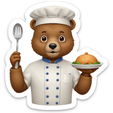 A bear wearing a chef uniform, nervously preparing a dish, portrait sticker