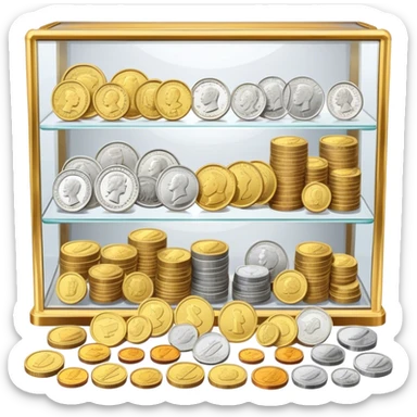 Icon for Coin Collecting: a collection of various vintage and modern coins, neatly arranged in a display case or on a table. The icon should highlight the diversity and historical value of coin collecting. Transparent background. sticker