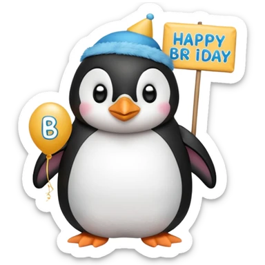 penguin holding a "Happy B-Day" banner, cushion style sticker