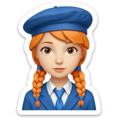 orange braided hair girl, wearing Blue Necktie and a berret Hat sticker