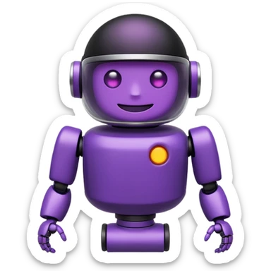 Cute deep purple robot emoji, pill-shaped body, dark visor with glowing white simple eyes and smile. Flat 2D vector art, die-cut sticker with white border, minimalist, white background. sticker