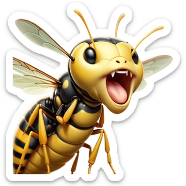 Cinematic Adorable Yawning Wasp Portrait Emoji, Head tilted slightly with a dramatic, wide-open yawn, showcasing a tiny, streamlined body with gently drooping wings and sleepy, half-closed eyes, Simplified yet irresistibly cute features, highly detailed, glowing with a soft, cozy glow, high shine, relaxed yet expressive, stylized with a dash of whimsical insect ease, soft glowing outline, capturing the essence of a drowsy wasp that appears ready to stretch and yawn its way out of the screen! sticker
