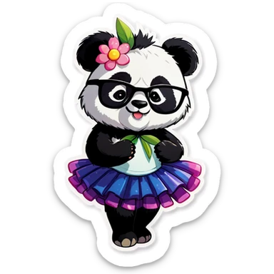 Panda wearing a tutu and glasses with a flower above 1 ear sticker