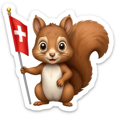 a squirrel with big eyes with a swiss flag sticker