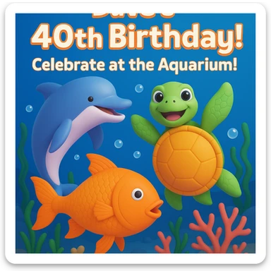 Make a birthday card for Dave's 40th birthday at the aquarium. Arrange the playful dolphin, smiling sea turtle, and colorful fish in a lively underwater scene with bubbles, seaweed, and coral. Add cheerful text: "Dave's 40th Birthday! Celebrate at the Aquarium!" Use a fun, vibrant style. Make it 3d emoji style. sticker