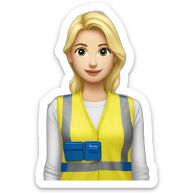Ikea coworker blond woman blue stripes blue t-shirt and yellow security vest scanning palets sticker
