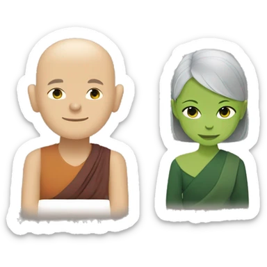 Thich nhat hanh meditating with smiling girl with short grey hair and green shirt  sticker