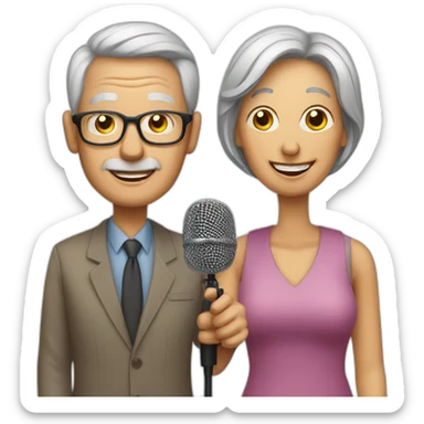 old man and woman with microphones podcasters sticker
