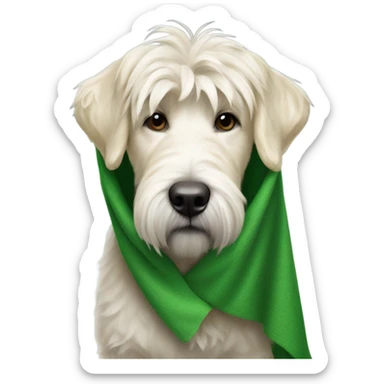 White Wheaten dog wrapped in a green blanket with its tongue sticking out sticker