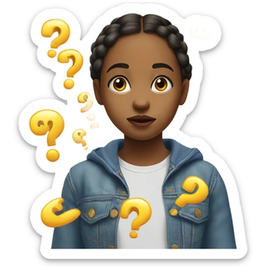 A curious young girl with a puzzled expression, hands extended outward in a questioning gesture, surrounded by floating question marks sticker