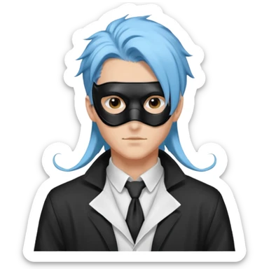 Handsome sexy adult anime man with light-blue hair and a black bird beak mask that covers whole face, wearing a white lab coat, long thin hair tendrils on the sides sticker