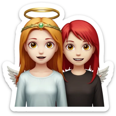 девушка ангел с нимбом и крыльями, с рыжими прямыми волосами по плечи, с улыбкой, стоит рядом с девушка зомби с темными длинными прямыми золосами, со злым выражением лица и ровными белыми зубами в стиле Apple avatar sticker
