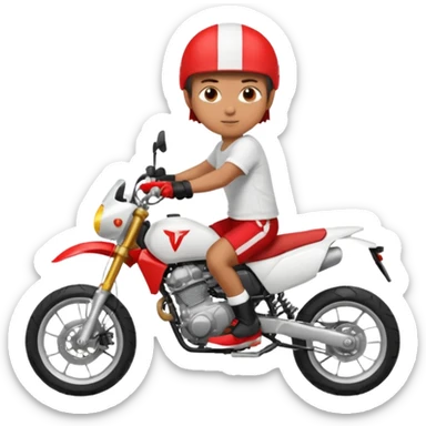 Moto de supermotard con un chico encima que va con pantalones rojos cortos y camiseta blanca sticker