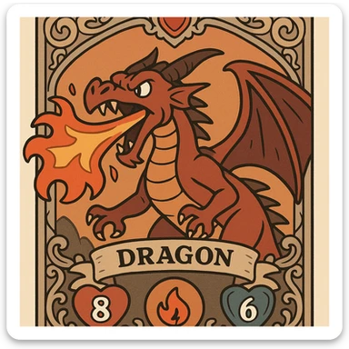 ornate collectible card of a fire dragon breathing fire with health, fire, and armor stats, elaborate fantasy border, intricate details, vibrant and dramatic fantasy art style sticker