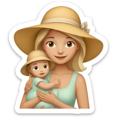 A mom in a sunhat holding her baby gently while smiling softly. sticker