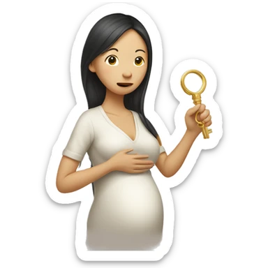 A pregnant Asian woman holds a golden key in her hands, the other hand closes her own mouth sticker