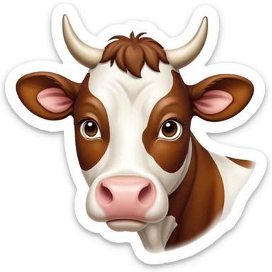 Cinematic Noble Brown and White Cow Portrait Emoji, Poised and regal, with a large, sturdy build and a beautifully patterned hide of rich brown accented by crisp white patches, deep-set soulful brown eyes, Simplified yet sharp and sophisticated features, highly detailed, glowing with a soft, dignified glow, high shine, intelligent and calm, stylized with an air of pastoral majesty, focused and attentive, soft glowing outline, capturing the essence of a watchful and confident bovine guardian, so majestic it feels as though it could amble out of the screen with effortless authority! sticker