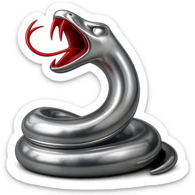 Update the chrome snake so the tongue is light red, the inside of the mouth is a darker red, and the teeth are red, matching the color scheme in the provided reference images. Keep the glowing white eyes and shiny metallic look. sticker