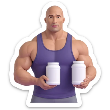 emoji of muscular bald man resembling Dwayne Johnson holding a protein powder tub, wearing a tank top sticker