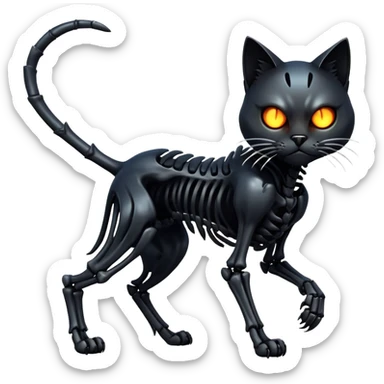 A black epic shiny cool edgy skeletal cat, full body sticker