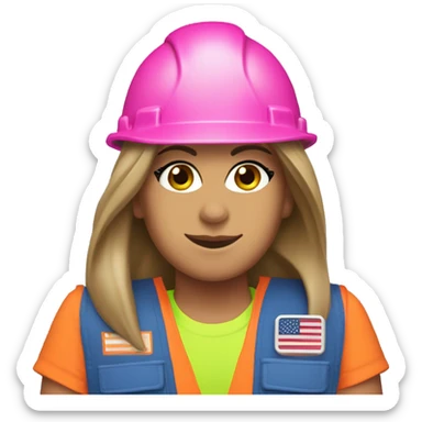 Jennifer Aniston is a construction worker wearing a neon pink safety vest with a hard hat and ear muffs. She has a patriotic patch on her vest  sticker