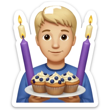 It is my friend virginias birthday. Create emoji with me saying happy birthday Virginia while holding blueberry muffins with candles in them! I am a white man make the emoji with dirty blonde hair  sticker