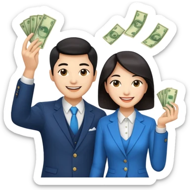 Asian stylish couple throwing money sticker