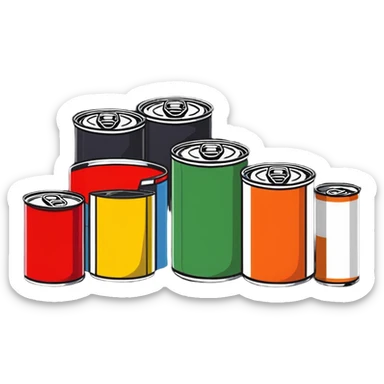 Four assorted canned food cans arranged together, showing different types of canned foods sticker