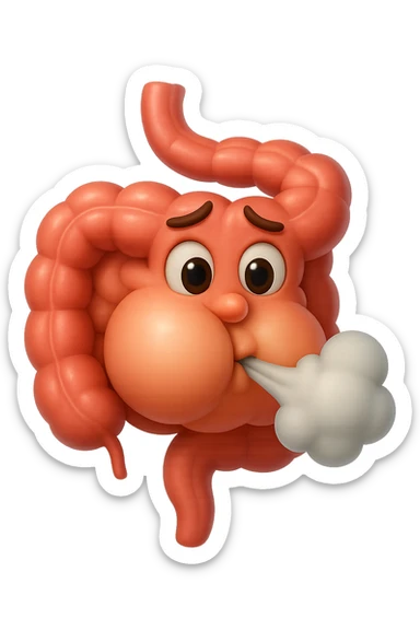 emoji stile iphone di un intestino che ingoia una nuvoletta di aria ben visibile e gli si gonfia la pancia, non fargli il naso, iperrealistico 4k sticker