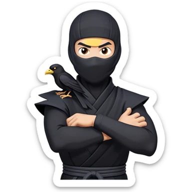 clash-of-clans-aesthetic_-cinematic-mysterious-male-ninja-portrait-emoji, rendered in a flat, vector-style with minimal shading and bold, simplified shapes, his arm is stretched out  with a head slightly turned revealing intense, focused eyes. the ninja has his arm out and perched on top of his forearm is  a black crow sticker