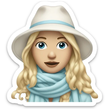 blonde girl in a white hat and pastel blue scarf covering half of her face sticker